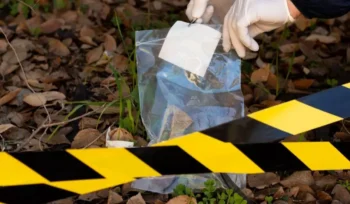 coleta de evidência em cena de crime doloso com fita de isolamento