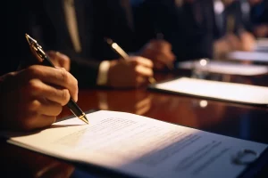 Visão de vários profissionais de terno trabalhando juntos em uma mesa, enquanto assinam um contrato de licitação.