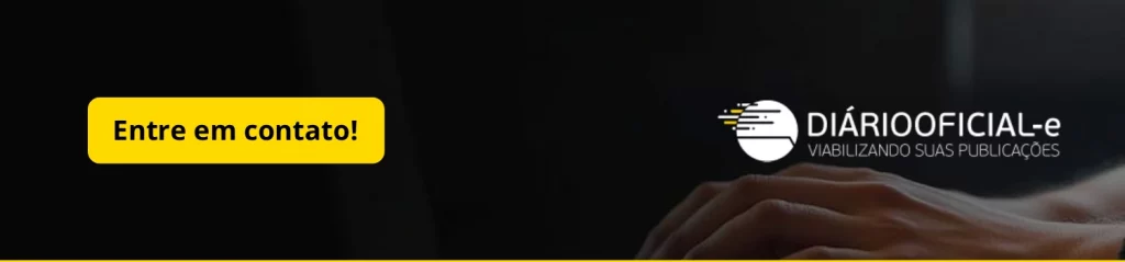 Banner do Diário Oficial-e, com chamada para contato, em preto e amarelo, ilustrando pendências com os diários oficiais.