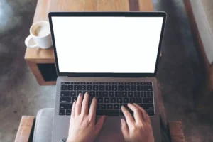 Imagem de mãos brancas femininas sobre notebook com tela branca pesquisando sobre DOE CE.